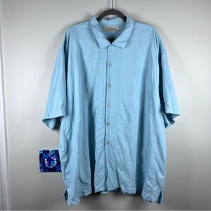 Tommy Bahama XXL Blue Silk Button Up Camp Shirt Short Sleeve Palm Leaf Embossed
